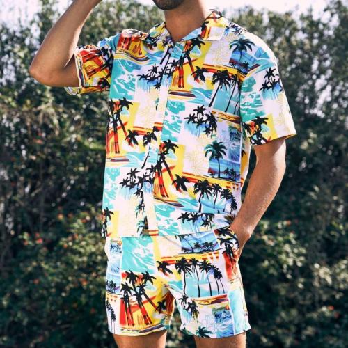 Casual plus size non-stretch batch printing beach men shorts sets(with lined)