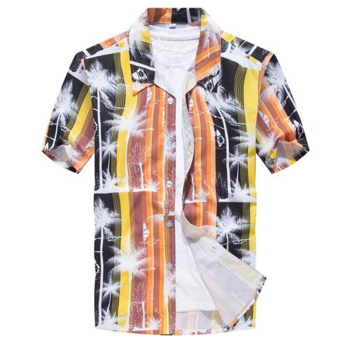 Casual plus size slight stretch coconut tree print men shirt(no inside t-shirt)