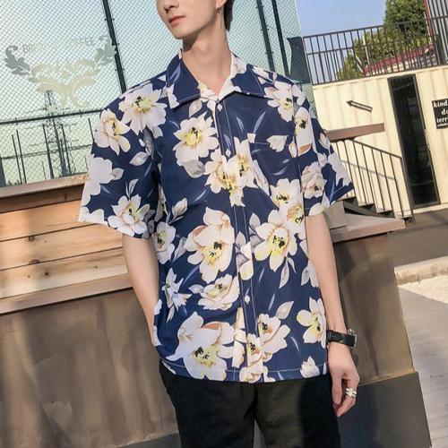 Casual plus size flower batch printing non-stretch pocket men's shirt