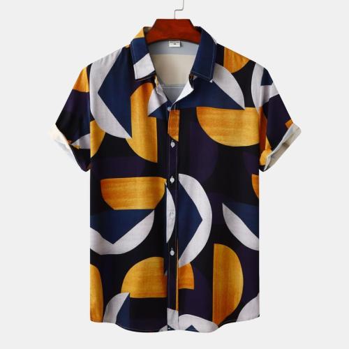 Casual plus size non-stretch colorblock batch printing short sleeve men shirt