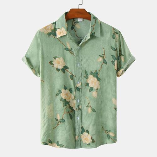 Casual plus size non-stretch 3 colors floral batch print short sleeve men shirt