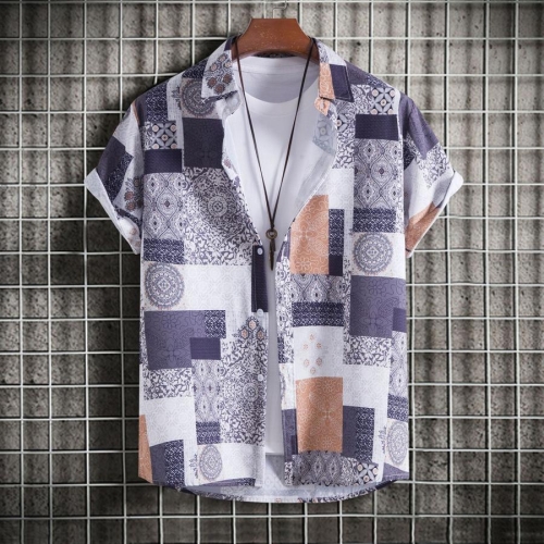 Casual plus size non-stretch batch printing men shirt(no inside white t-shirt)