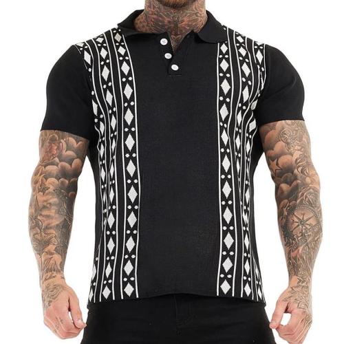 Casual plus size slight stretch geometric pattern jacquard men polo shirt