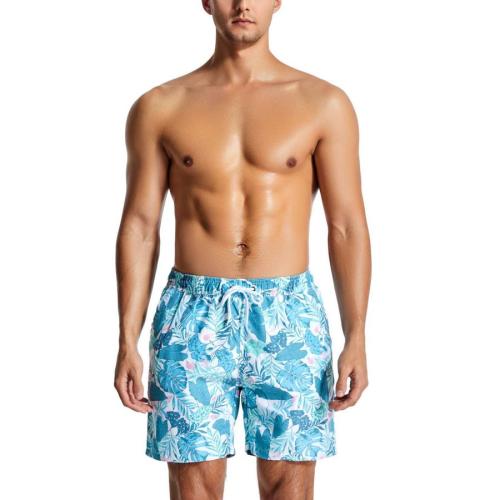 Casual men 3xs-2xl leaf printing non stretch tie-waist beach shorts (with lined)
