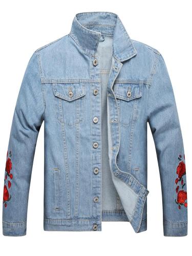 Casual rose embroidery non-stretch single-breasted denim jacket