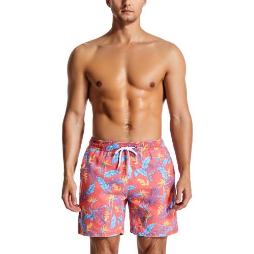 Casual 3xs-2xl non stretch leaf print tie-waist pocket beach shorts (with lined)