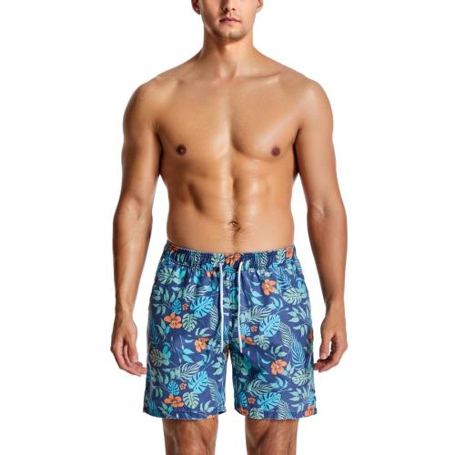 Casual 3xs-2xl non stretch leaf floral print tie-waist beach shorts (with lined)