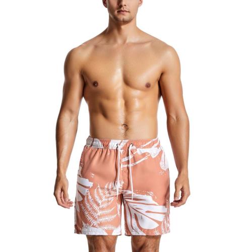 Casual 3xs-2xl non stretch leaf print orange tie-waist beach shorts (with lined)