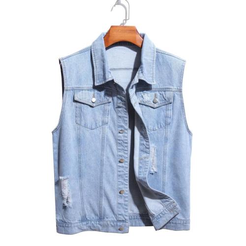 Stylish solid color non-stretch hole single-breasted denim vest #1