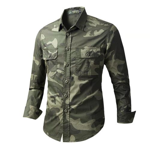 Casual plus size camo printing non-stretch single-breasted cargo men's shirt