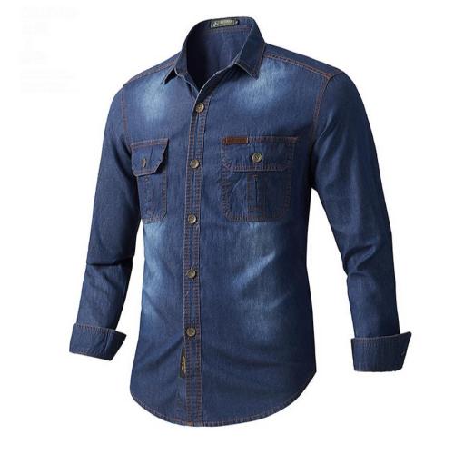 Casual plus size non-stretch single-breasted pocket cargo denim shirt