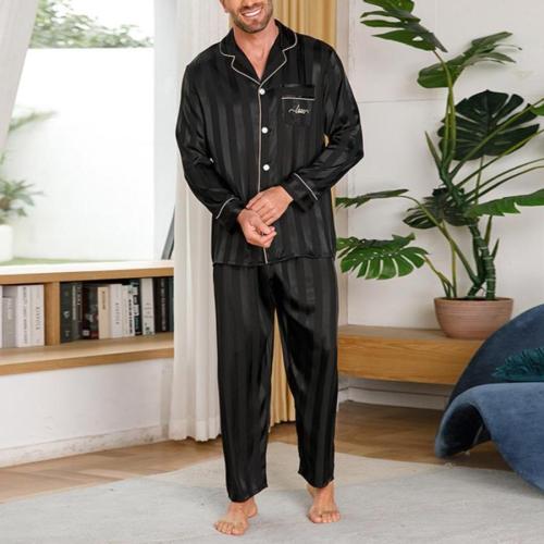 Casual slight stretch satin stripes button pocket sets loungewear