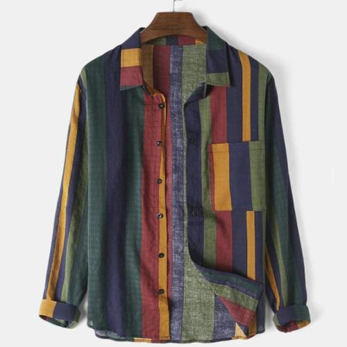 Casual plus size non-stretch stripe printing single-breasted pocket cotton shirt