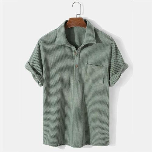 Casual plus size slight stretch solid color button pocket men polo shirt