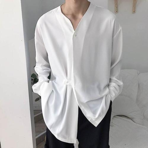 Casual plus size non-stretch simple solid color v neck loose shirt