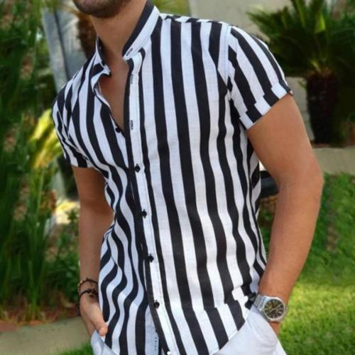 Stylish plus size non-stretch stripe printing single breasted short sleeve shirt