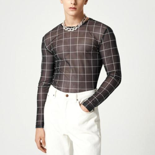 Sexy plus size slight stretch mesh see-through plaid printing t-shirt