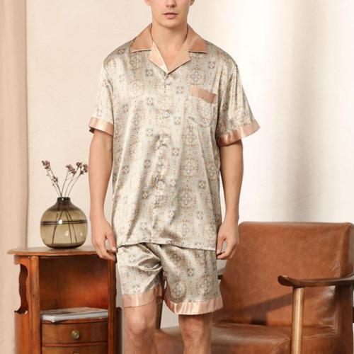 Plus size slight stretch batch printing silk short sleeve shorts set loungewear