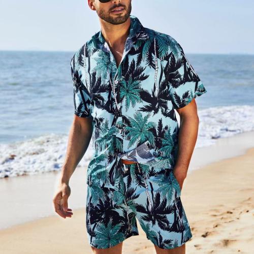 Plus size coconut tree batch printing tropical style lined shorts sets