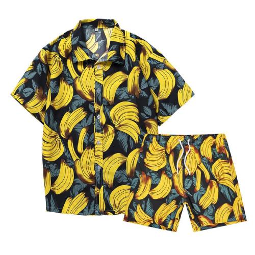 Plus size non-stretch banana batch printing tropical style lined shorts sets