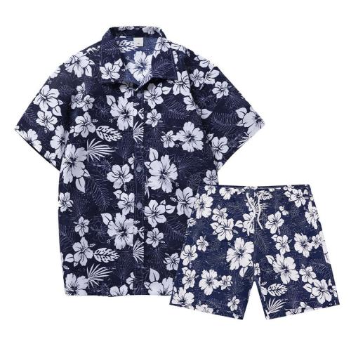 Plus size non-stretch flowers batch printing tropical style lined shorts sets