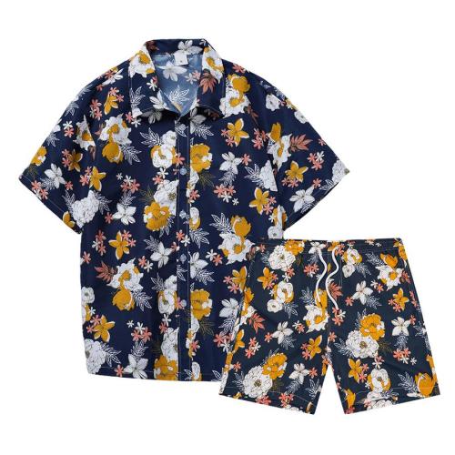 Plus size non-stretch flowers batch printing tropical style lined shorts sets#1