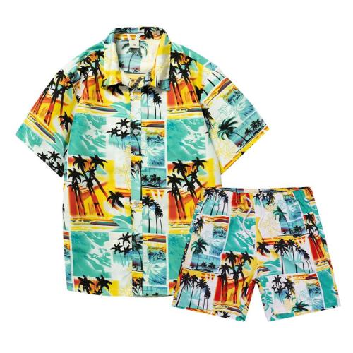 Plus size coconut tree batch printing tropical style lined shorts sets#3
