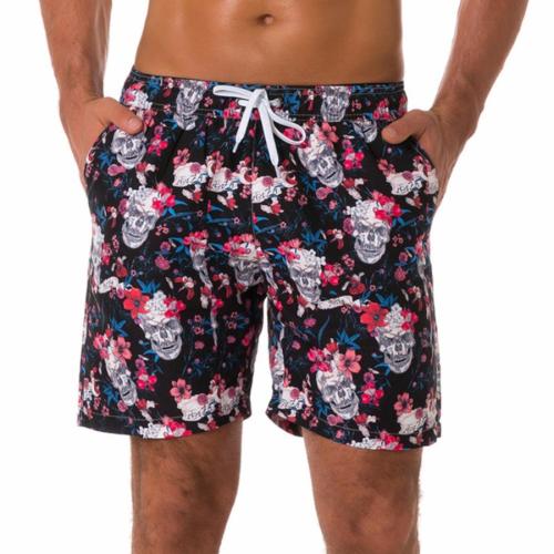Plus size non-stretch skull & flower batch printing beach shorts(with lined)
