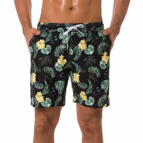 Plus size non-stretch flower and leaf printing fast dry beach shorts(with lined)