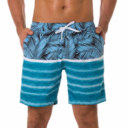 Plus size non-stretch leaf & stripe printing quick dry beach shorts(with lined)