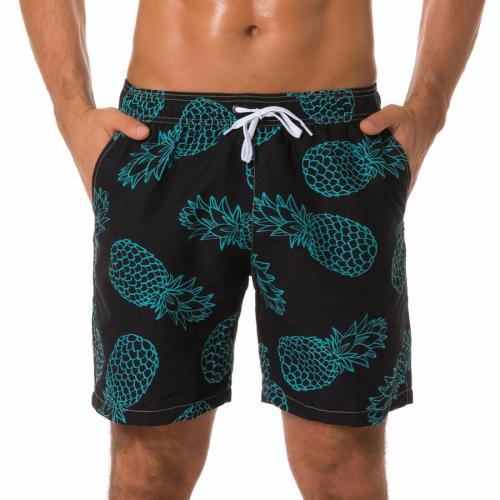 Plus size non-stretch pineapple batch print tie-waist beach shorts(with lined)