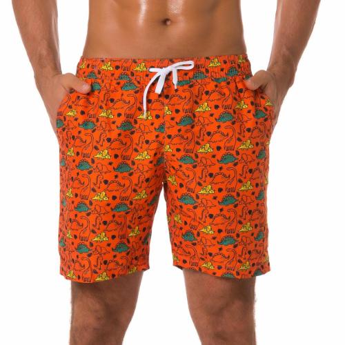 Plus size non-stretch orange cartoon dinosaur print beach shorts(with lined)
