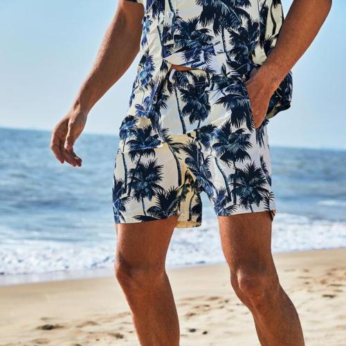 Casual non-stretch coconut batch printing pocket lining drawstring beach shorts