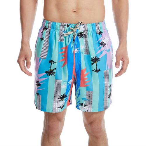 Beach non-stretch coconut tree batch print tie-waist surfing shorts (with lined)