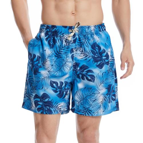 Beach non-stretch leaf batch printing tie-waist surfing shorts(with lined)