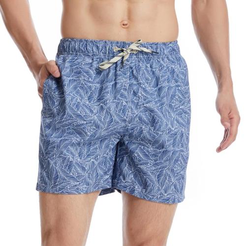 Beach non-stretch leaf batch printing tie-waist surfing shorts(with lined)