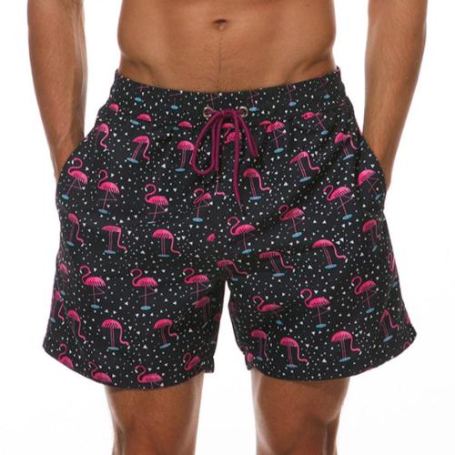 Beach plus size non-stretch flamingo print tie-waist surfing shorts(with lined)