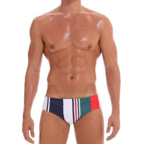 Sexy slight stretch contrast stripe printing crotch padded triangle swim trunks