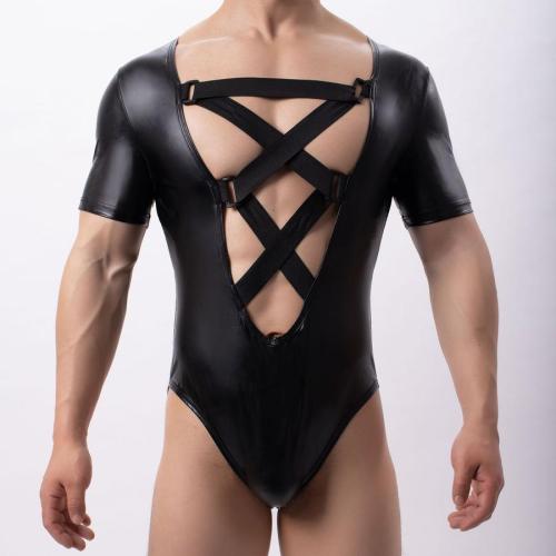 Sexy plus size slight stretch pu patchwork breathable triangle bodysuit