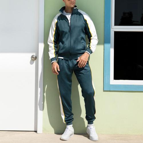 Casual plus size slight stretch zip-up pocket contrast color hoodie pants sets