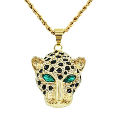 One pc rhinestone decor green eyes leopard head pendant necklace(length:60cm)