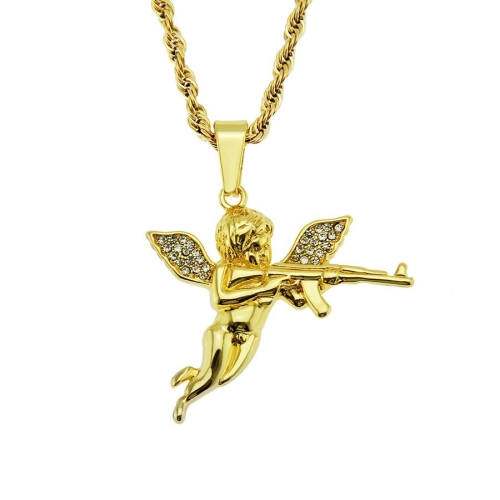 One pc full rhinestones decor angel small gun pendant necklace(length:60cm)