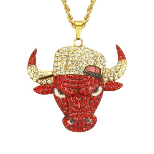 One pc full rhinestones decor bull head pendant necklace(length:75cm)