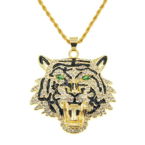 One pc rhinestones decor green eyes tiger head pendant necklace(length:60cm)