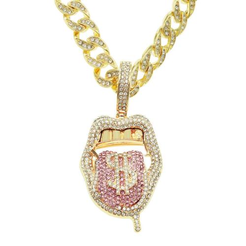 One pc rhinestones decor hip hop rap dollar tongue pendant necklace(length:50cm)