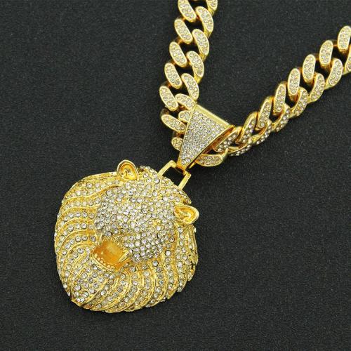 One pc full rhinestones decor hip hop lion head pendant necklace(length:50cm)