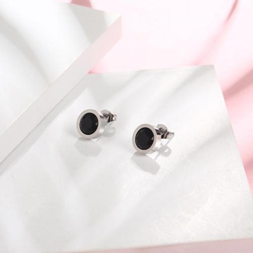 One pair titanium steel black round rhinestone decor earrings(width:0.94cm)