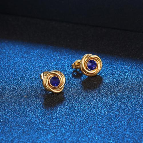 One pair round blue rhinestone decor earrings(width:1.13cm)