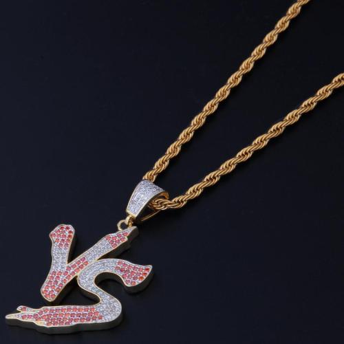 One pc stainless steel hip hop vs pendant rhinestone necklace (length:60cm)