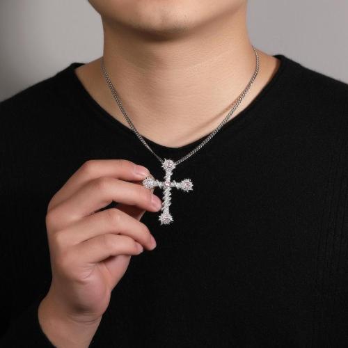 One pc hip hop stainless steel heart rhinestone cross necklace(length:45cm)